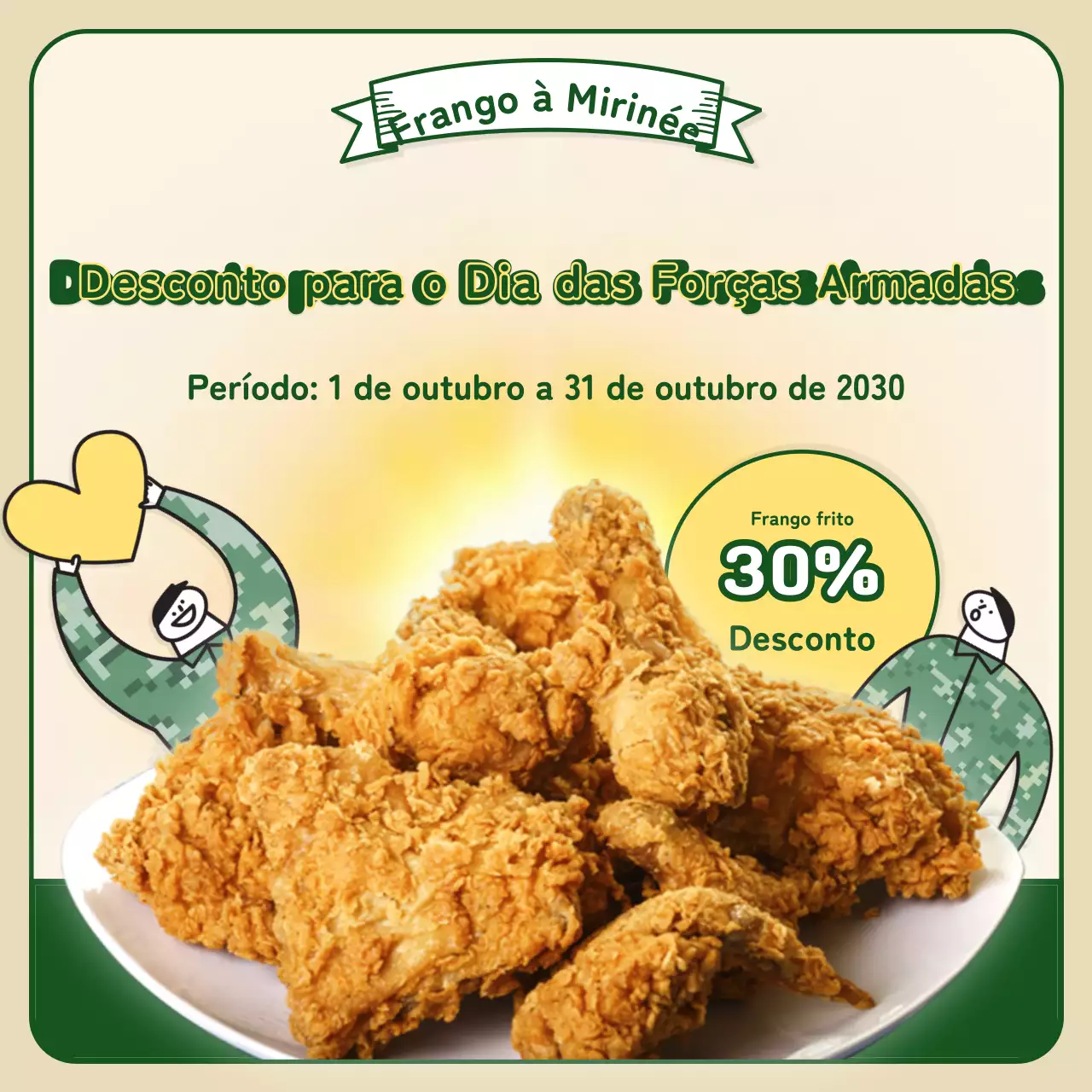 Evento de galinha para o Dia das Forças Armadas com ilustrações giras em verde, caqui e amarelo