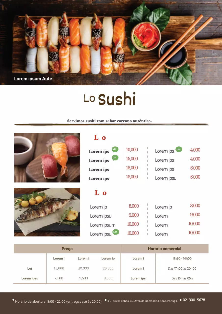 Menu simples de restaurante de sushi com fotografias de sushi castanho e horário de funcionamento