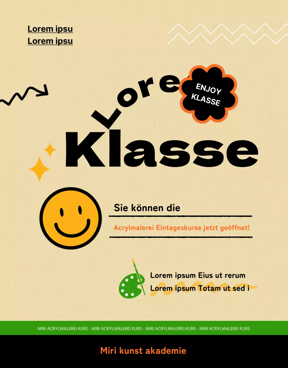 Ankündigung eines eintägigen Kunstkurses mit einem Hauch von Beige und Blau