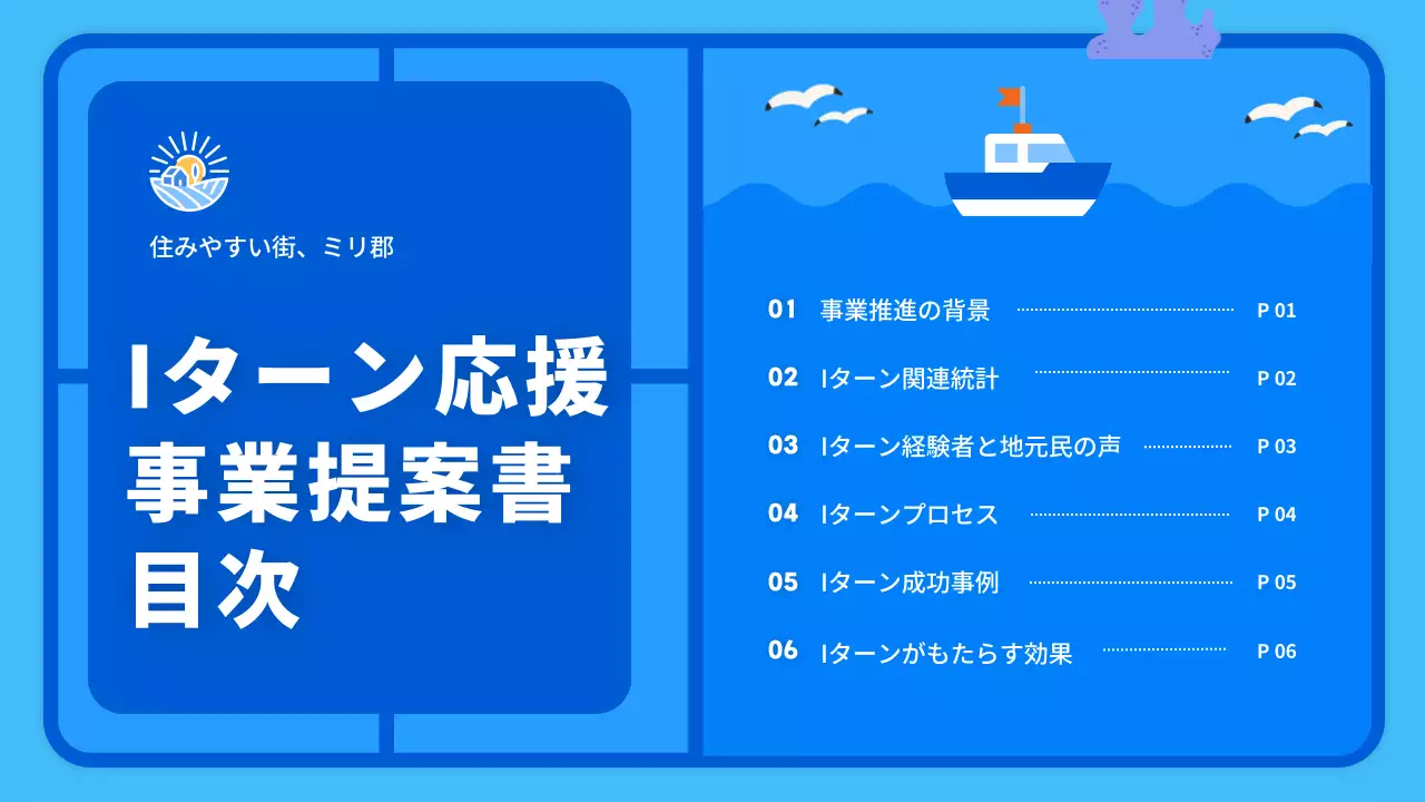 青 シンプル 地方移住 提案書 プレゼンテーション
