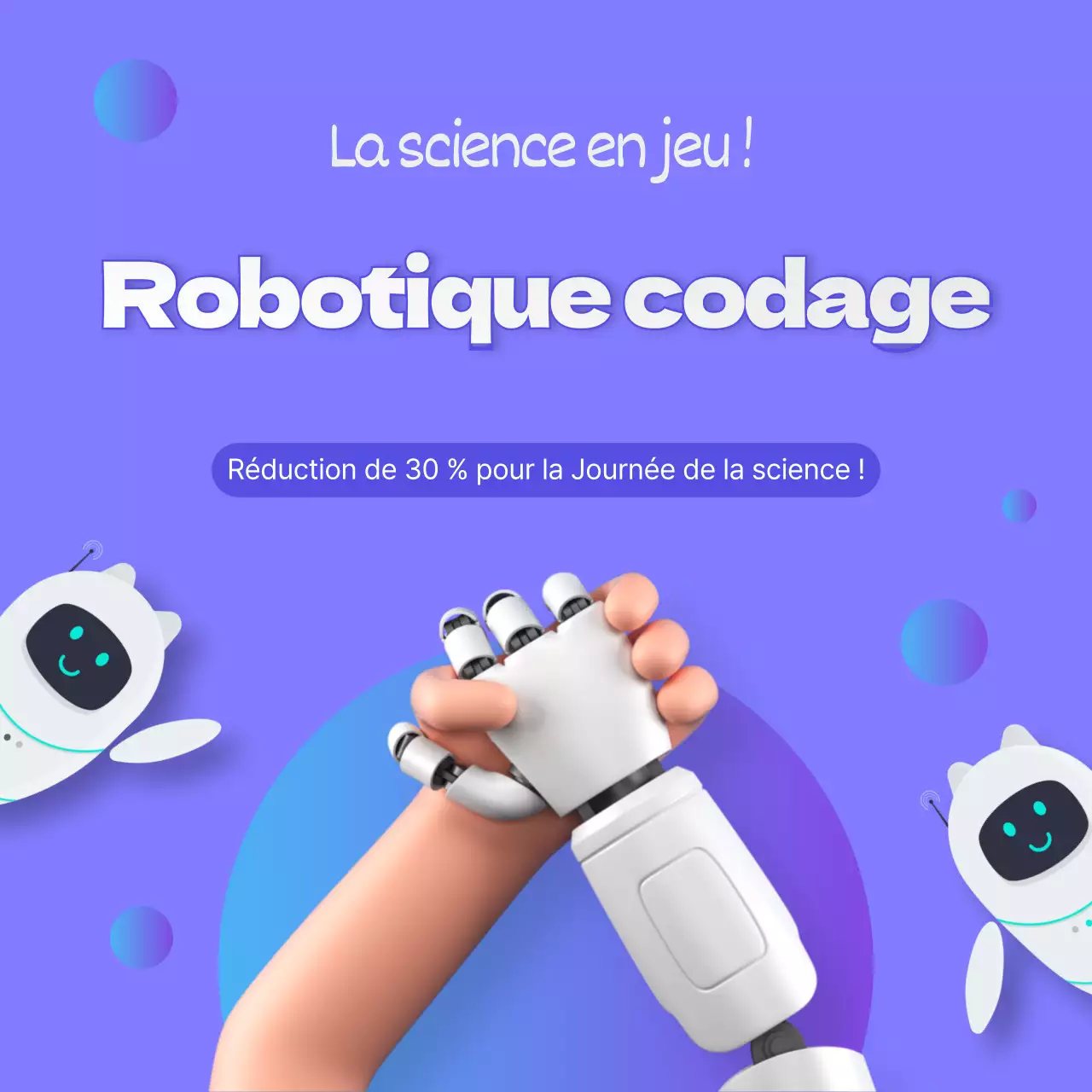 Bannière d'événement avec codage robotique se tenant par la main sur fond violet-marine