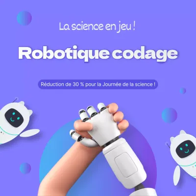 Bannière d'événement avec codage robotique se tenant par la main sur fond violet-marine