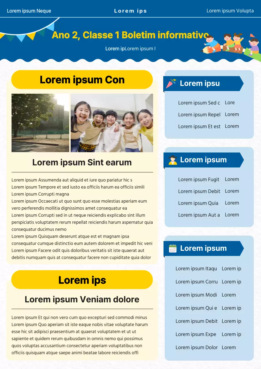 Modelo de documento de boletim informativo de jornal de turma amarelo e azul bonito