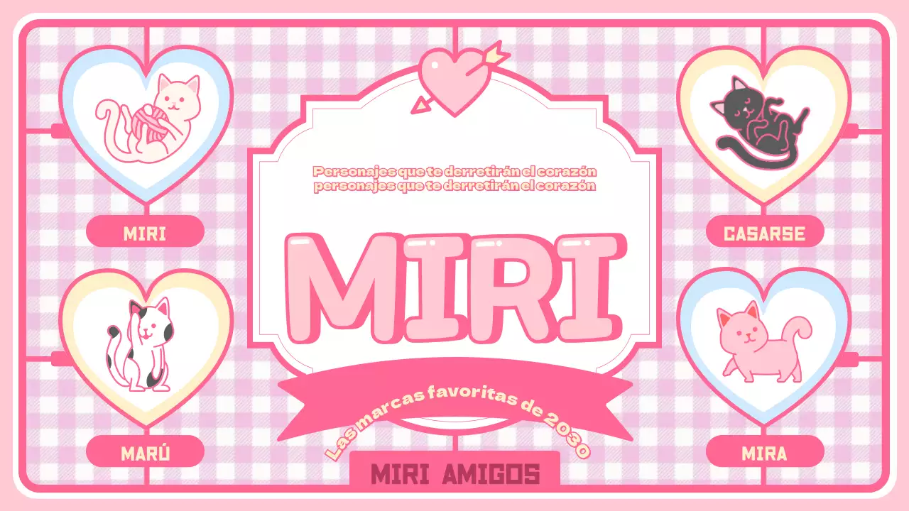 Simpática página de presentación de personajes y productos con fondo rosa a cuadros