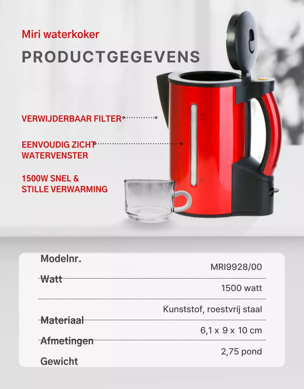 Eenvoudig thema waterkoker in rood en grijs
