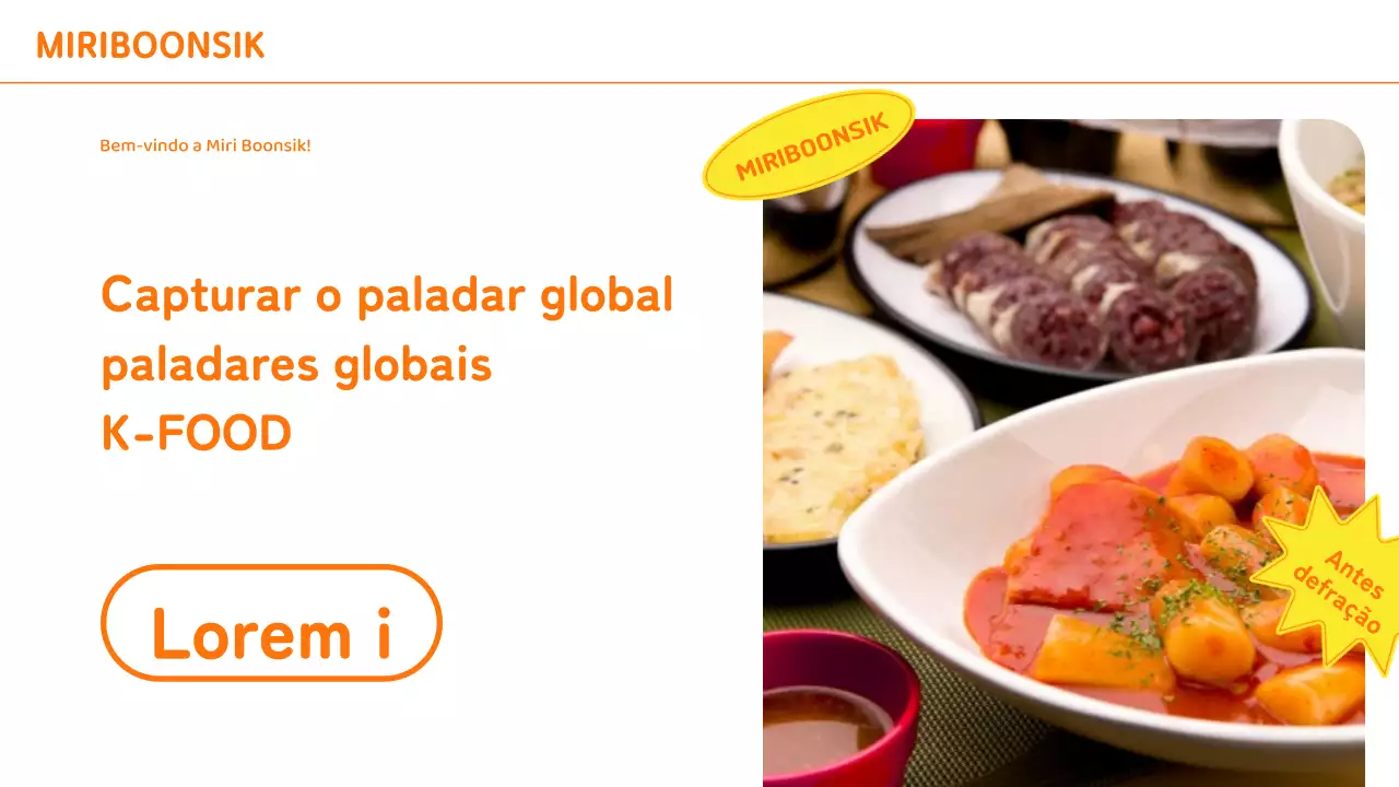 Perfil de empresa de catering com realces de cor laranja e amarelo e apresentação de fotografias
