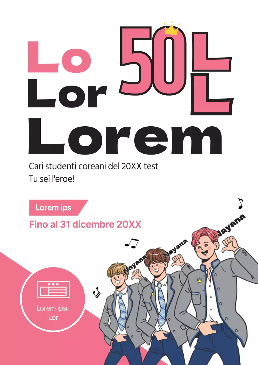 Volantino promozionale illustrato rosa e bianco per una vendita a tempo limitato