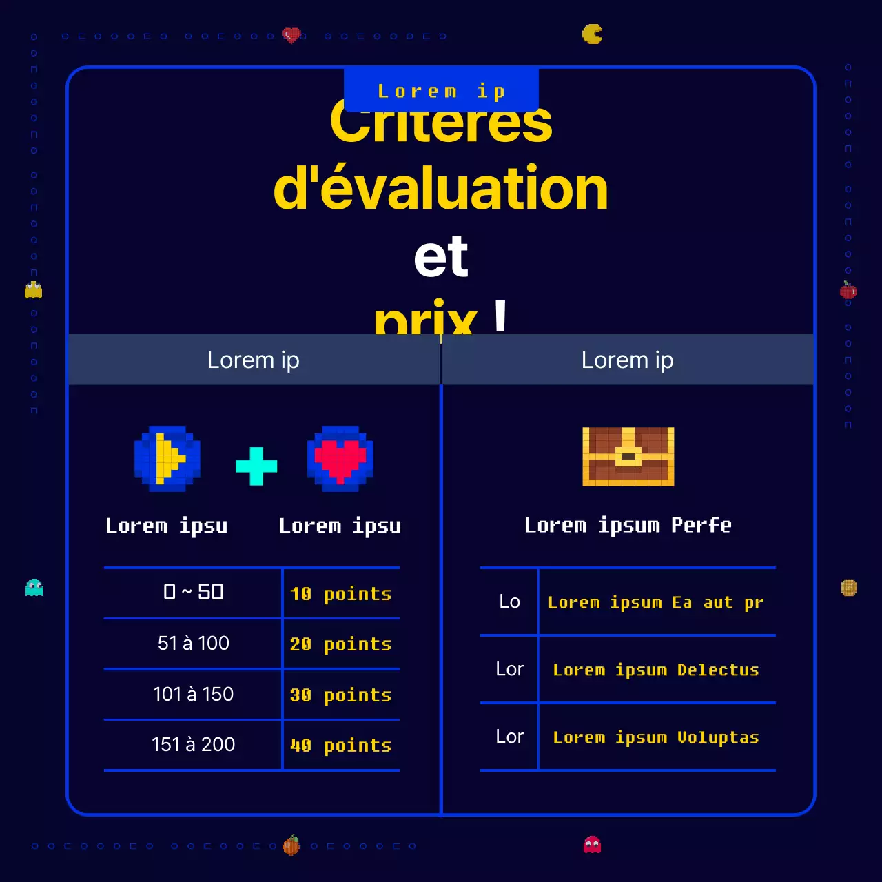 Un jeu de pixels Pac-Man original, amusant et rétro en bleu marine et jaune Appel à de nouvelles idées commerciales pour une entreprise.