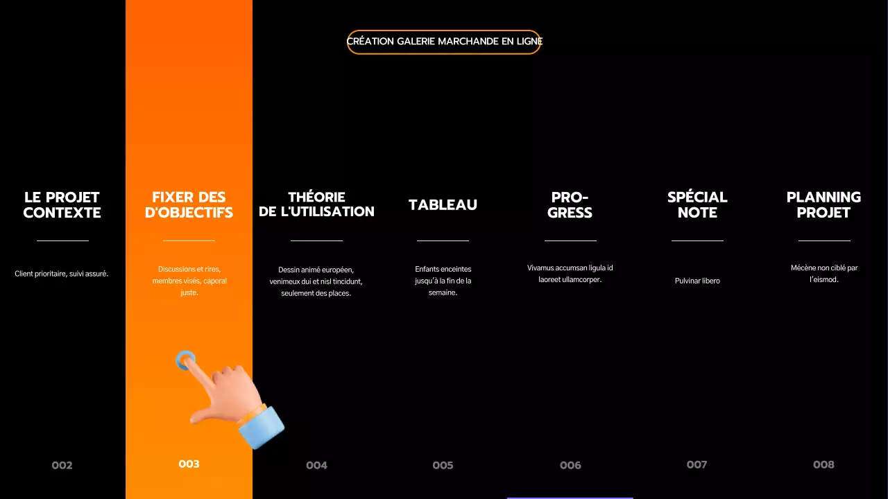 Présenter un cahier des charges simple, noir et orange, inspiré de l'ingénierie.