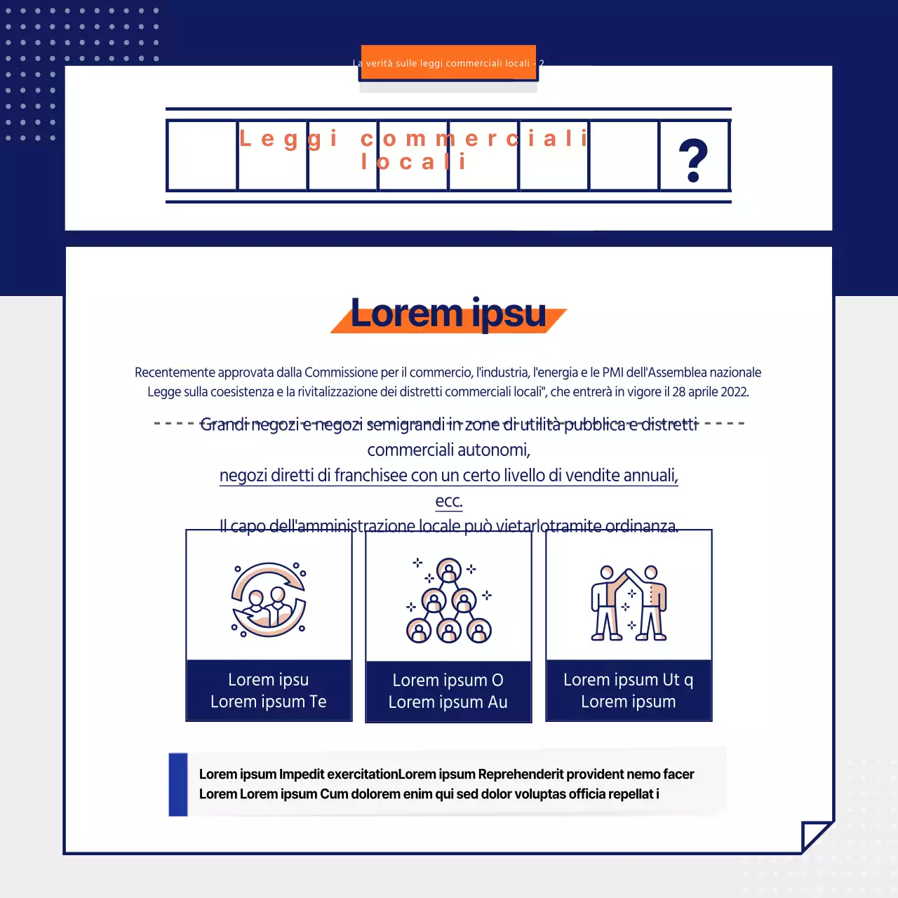 Informazioni sulla legge urbanistica e promozione immobiliare in blu navy e grigio