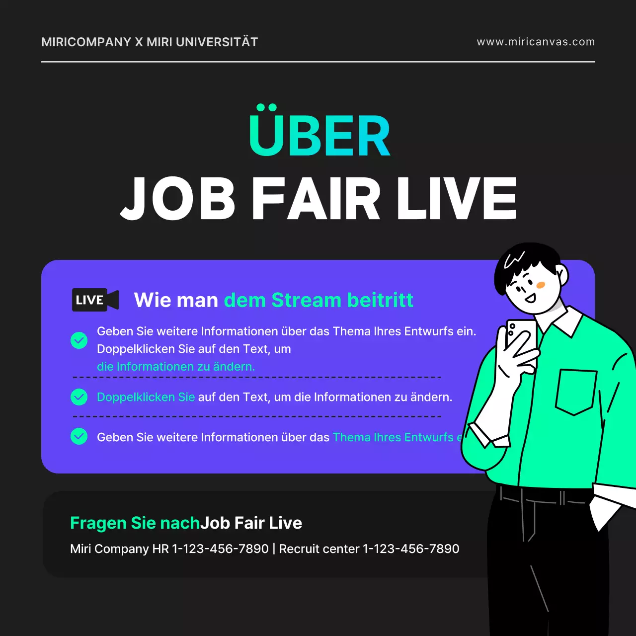 Eine Online-Stellenbörse für einen IT-Entwickler mit City-Pop-Atmosphäre, mit geometrischen Formen in Schwarz und Neonfarben.