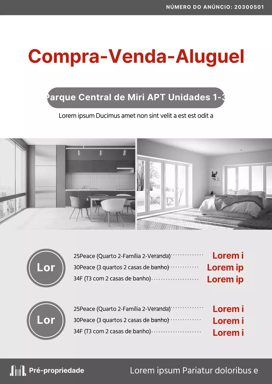 Documento de anúncio de venda de apartamento imobiliário em cinzento e vermelho
