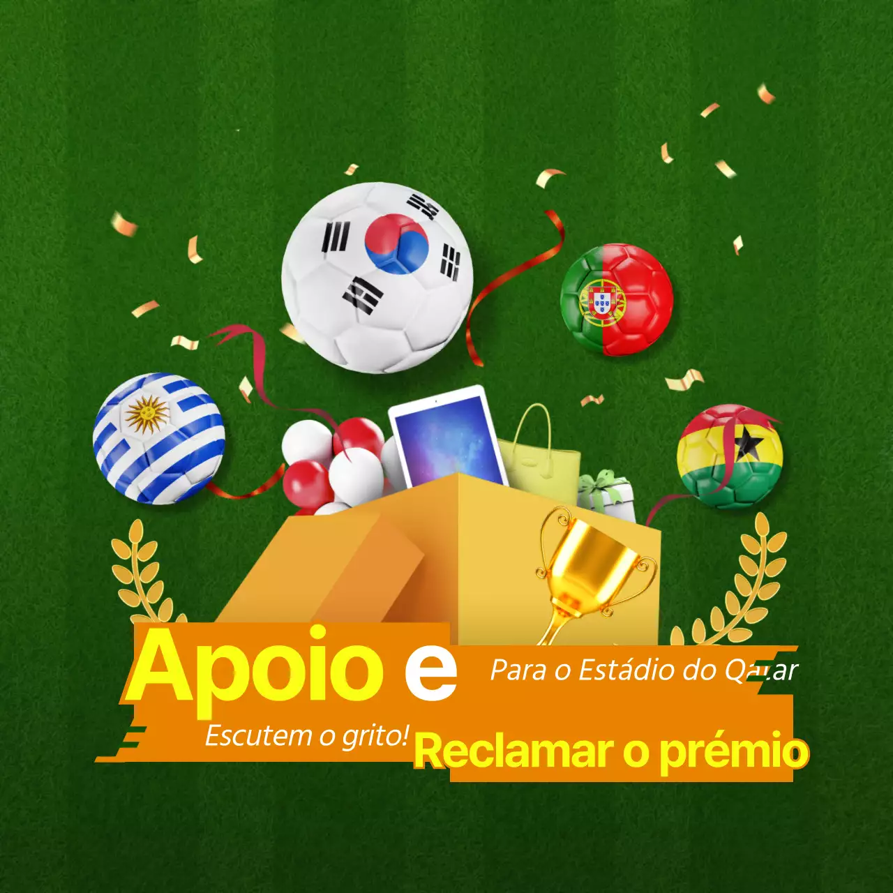 Tema do evento de animação do Campeonato do Mundo com ilustrações de prémios 3D verdes e amarelos e bolas de futebol saltitantes