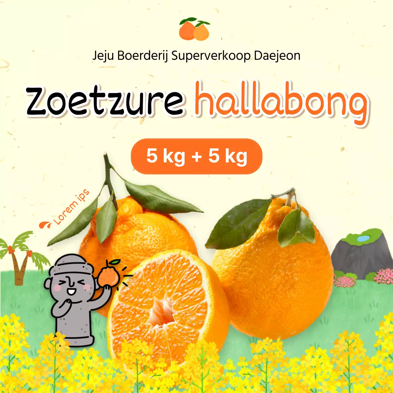 Jeju-eiland en Hallabong met zijn gele koolzaadbloesems