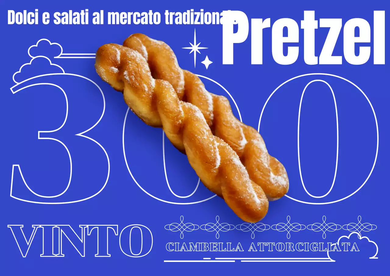 Poster di uno spuntino di strada con tipografia e foto di un pretzel in blu primario.