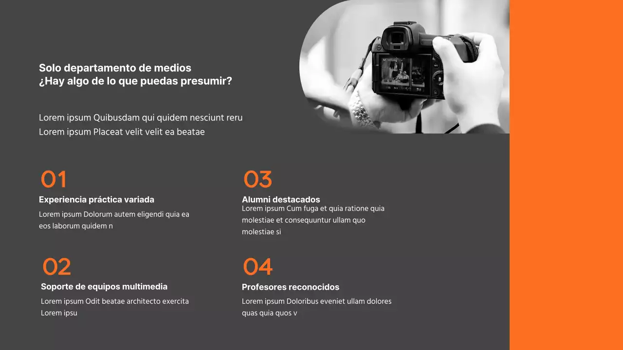 Presentación del departamento de relaciones públicas de la universidad modern grey and orange