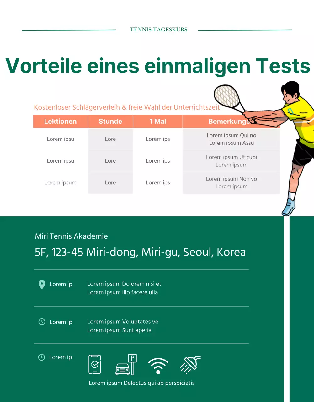 Einzelheiten zum grünen modernen Tennis-Tagespass