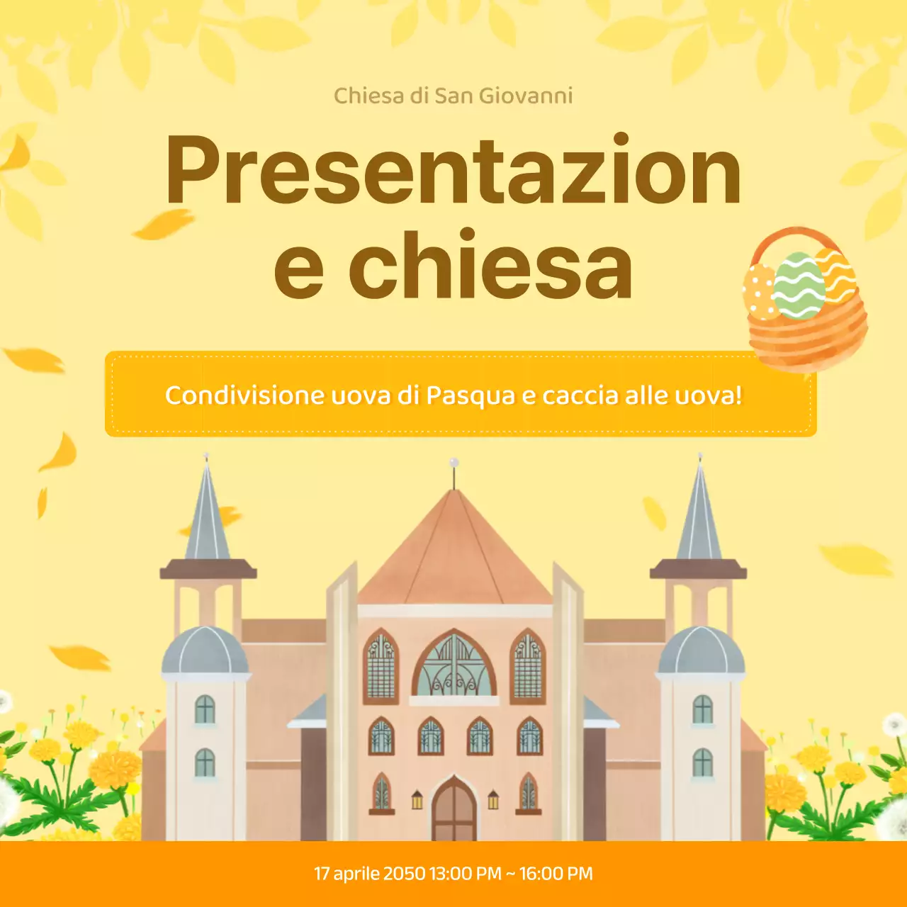 Descrizione di Pasqua e uova e invito in chiesa con sfondo floreale giallo