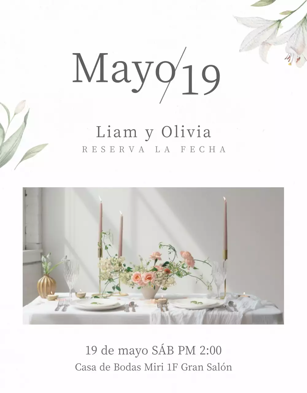 Invitación de boda móvil en gris claro y flores