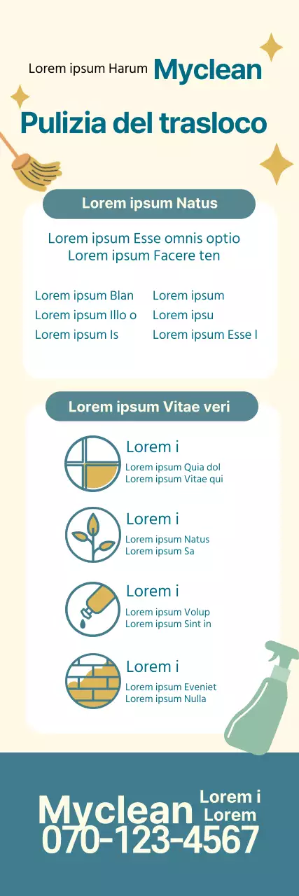 Illustrazione blu e gialla che promuove un servizio di pulizia ordinata del trasloco