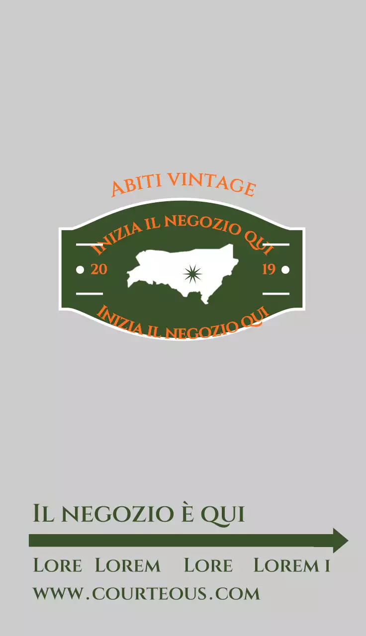 Promozione di un negozio di abbigliamento che vende capi puliti con un tocco vintage verde e arancione.