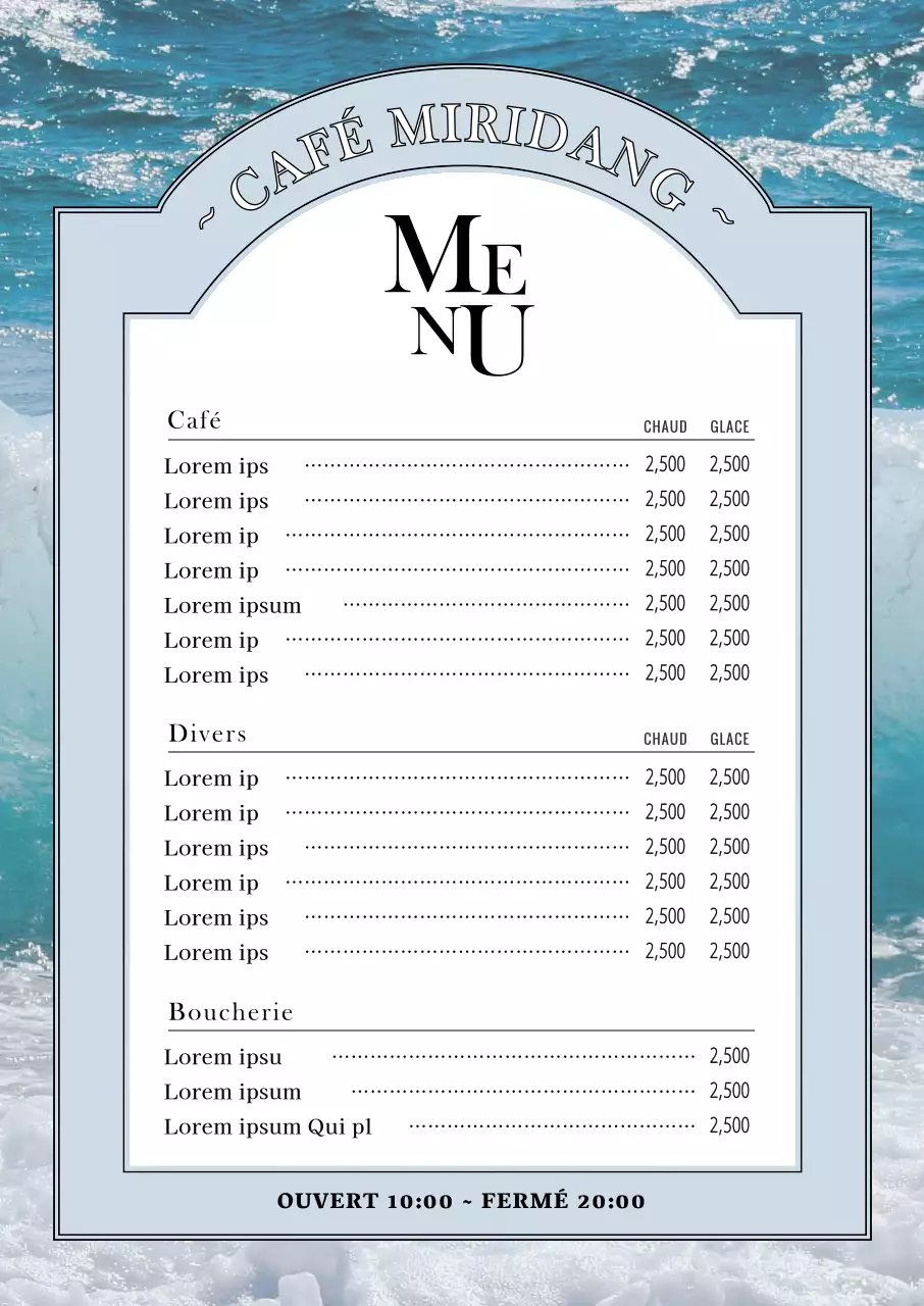 Un menu de café sentimental sur fond d'océan bleu