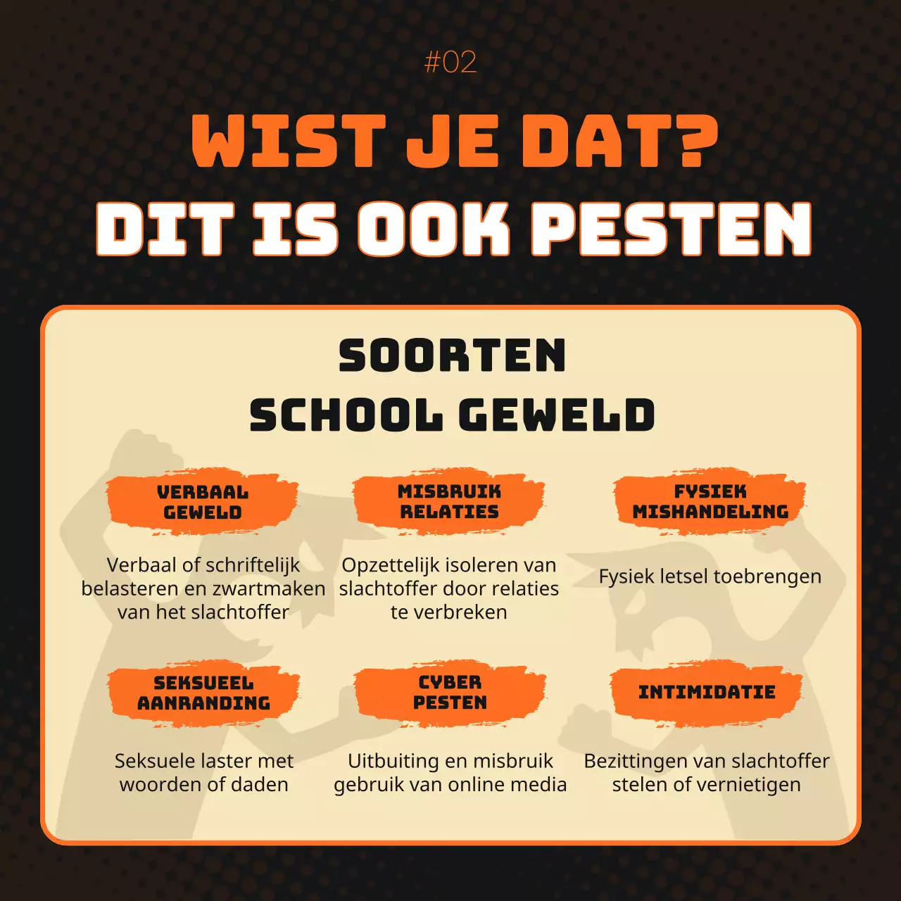 Bevordering van de uitroeiing van schoolgeweld in oranje