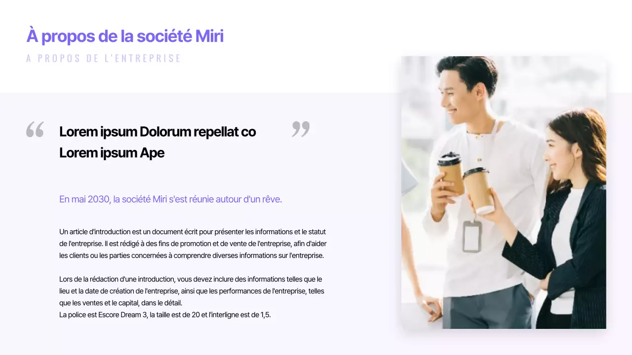 Présentation simple d'une entreprise dans des tons violets