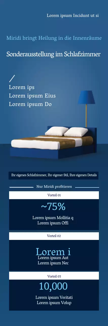 Werbung für eine Veranstaltung mit blauen Fotos und sauberen Möbeln