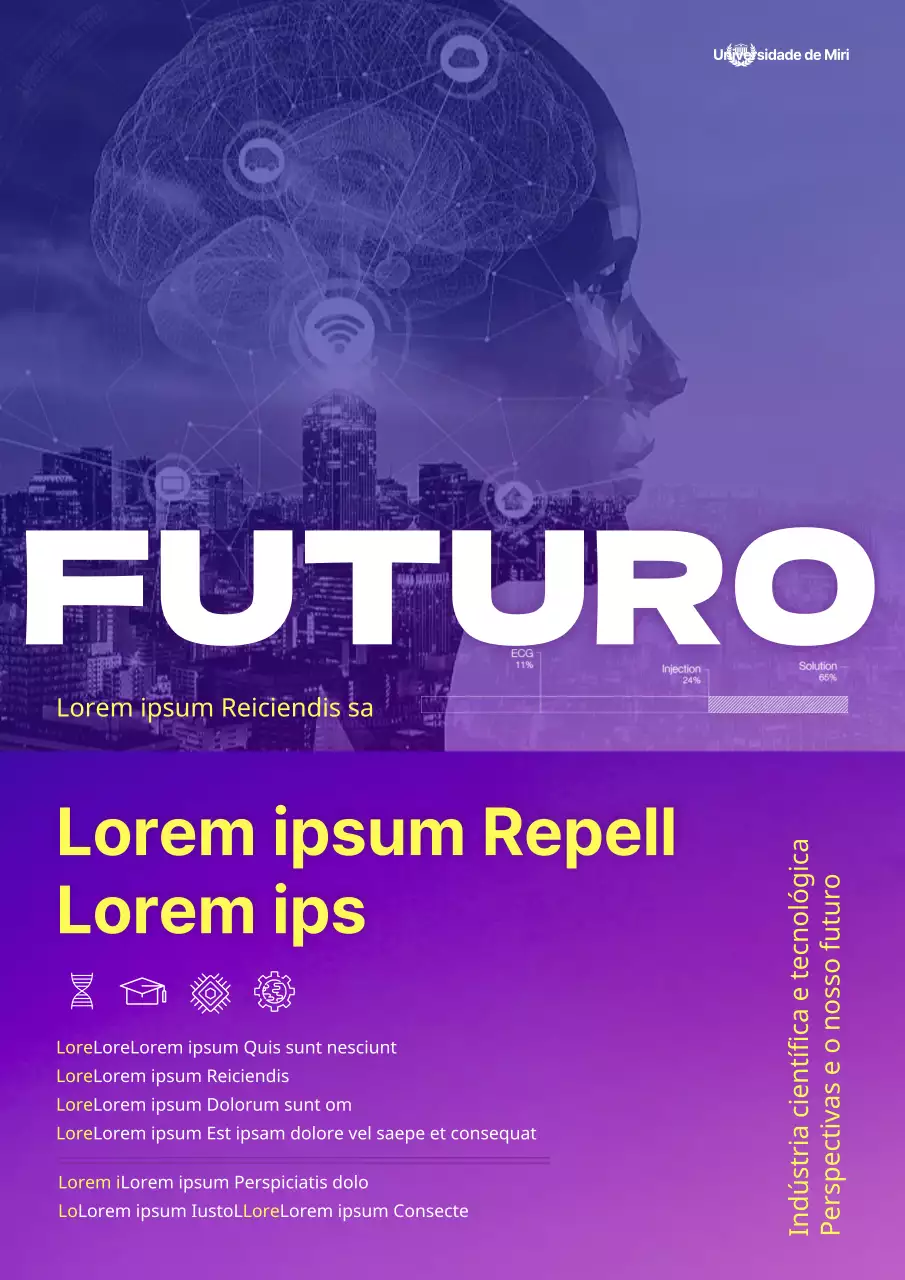 Um simples webposter roxo e amarelo para um fórum sobre as perspectivas e o futuro das indústrias científicas e tecnológicas.