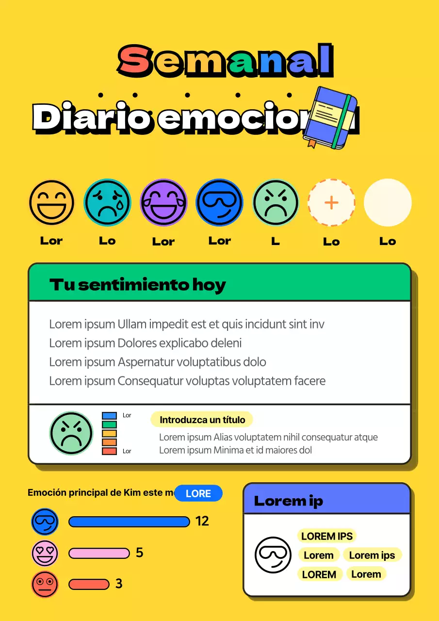 Diario emocional ilustrado en amarillo y con los colores del arco iris