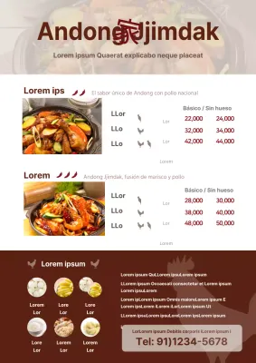 Menú Motsunabe con fotografías en marrón oscuro e ilustraciones de vacas