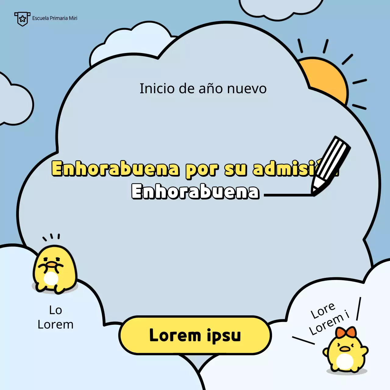 Asesoramiento para la admisión en la escuela primaria con un simpático personaje de pato sobre un fondo de nubes azules y amarillas