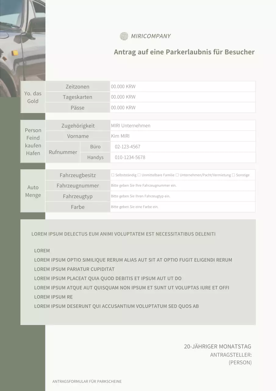 Einfache grüne und fotografische Vorlage für den Antrag auf eine Parkerlaubnis für Besucherfahrzeuge
