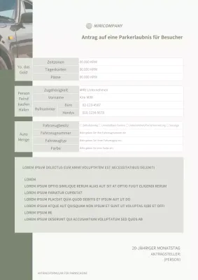 Einfache grüne und fotografische Vorlage für den Antrag auf eine Parkerlaubnis für Besucherfahrzeuge