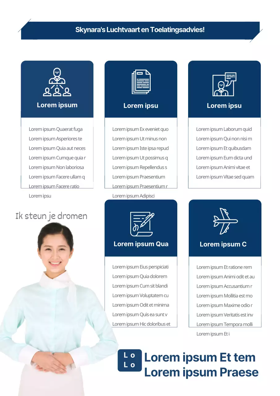 Een eenvoudige promotie voor een luchtvaartschool met een foto van een stewardess in het blauw.