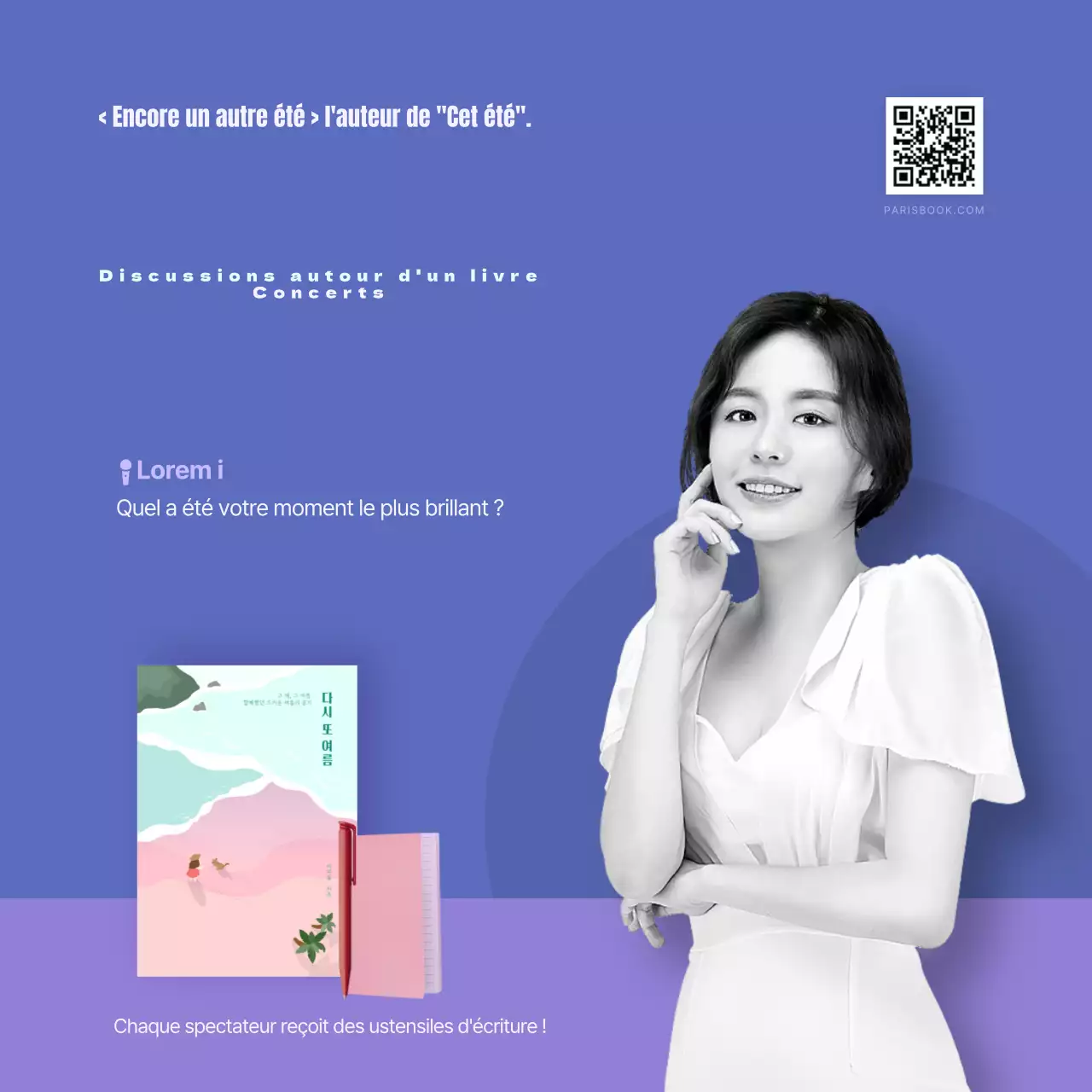 Carte de concert Booktalk en bleu et violetNews design