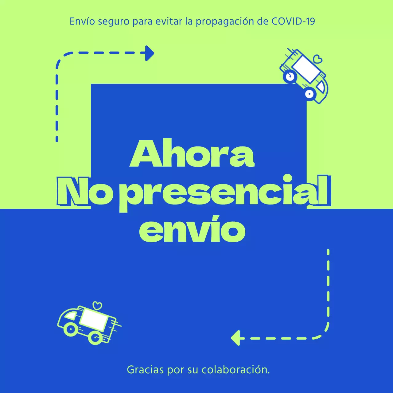 Pancarta colorida durante la entrega sin contacto con la ilustración de un mensajero en un fondo azul chartreuse