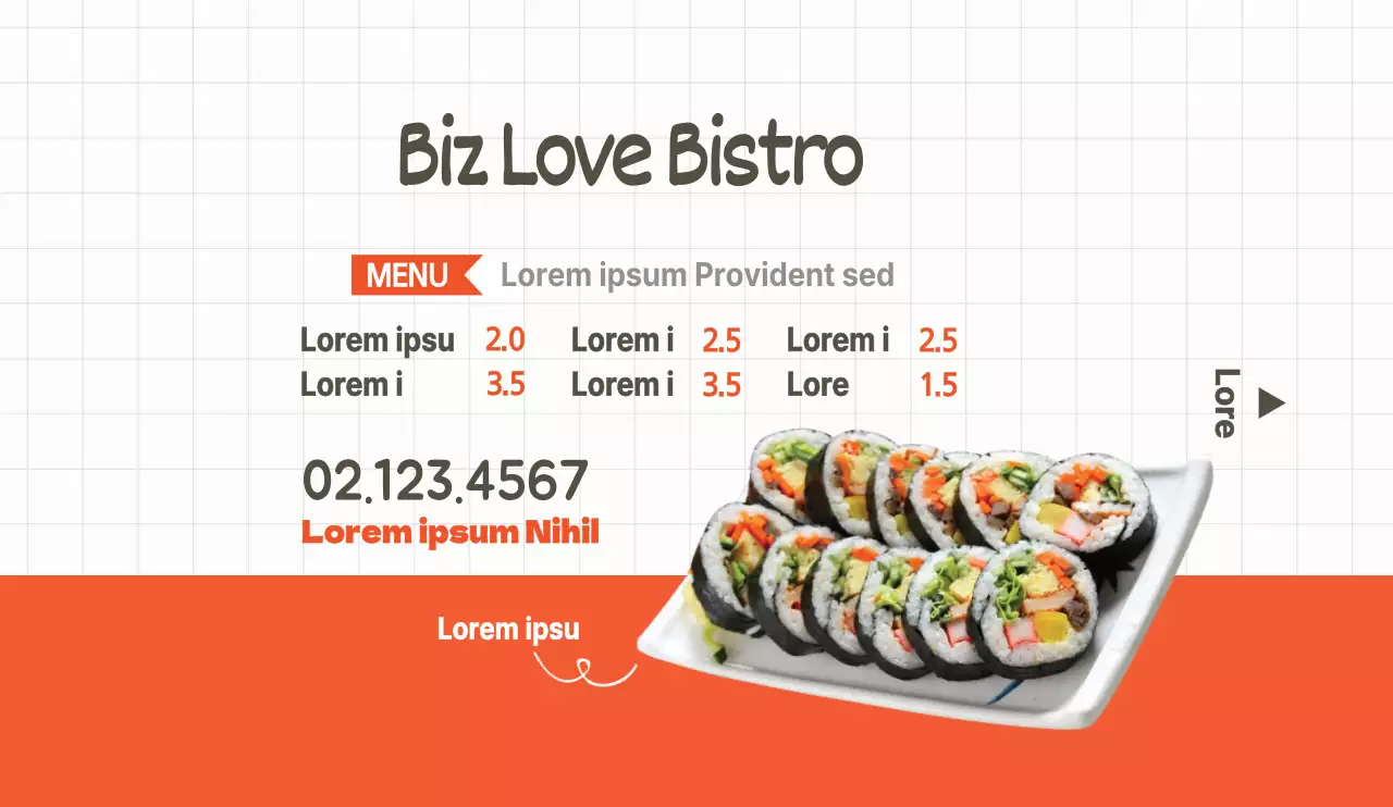 Style épuré en gris clair et orange pour la promotion et l'information des restaurants