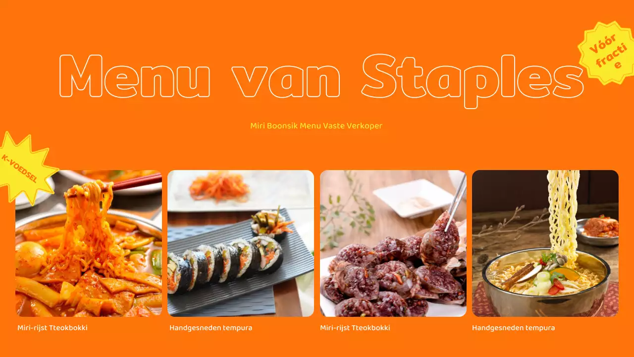 Catering bedrijfsprofiel met oranje en gele kleuraccenten en fotolay-out