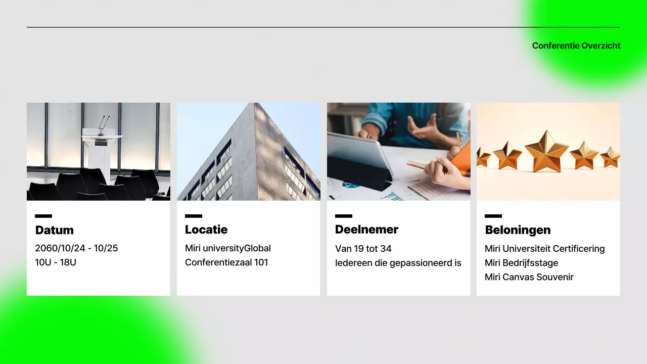 Eenvoudige conferentie-oriëntatiepresentatie in grijs en limoengroen