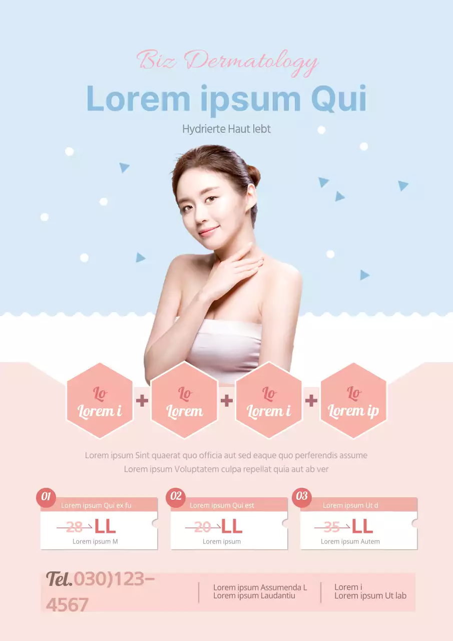 Ein Flugblatt, das für ein schickes Hautpflegeangebot in Rosa und Hellblau wirbt.