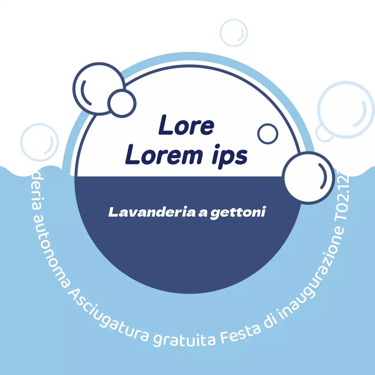 Illustrazione blu che promuove una lavanderia a gettoni pulita