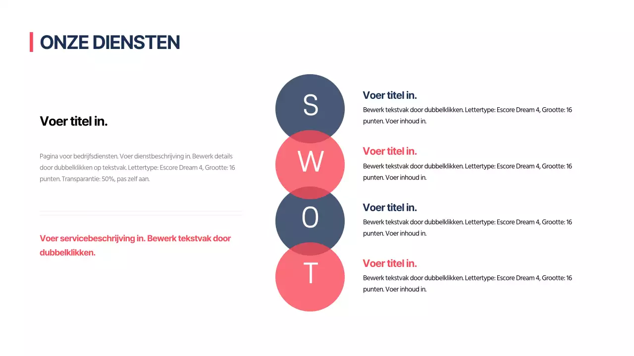 SWOT ontwerp infographic met een strak concept in rood en marineblauw