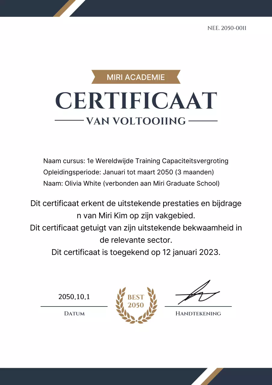 Opleidingscertificaatdocumenten met een stijlvolle uitstraling in marineblauw en goud