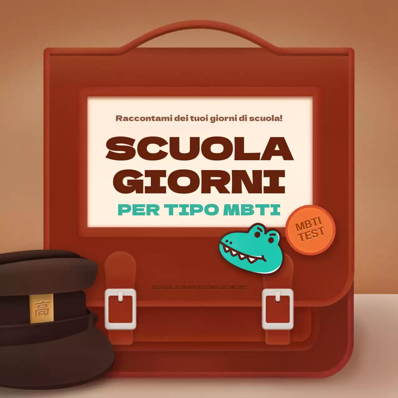 Test di concept-up di zaino scolastico retrò marrone e verde