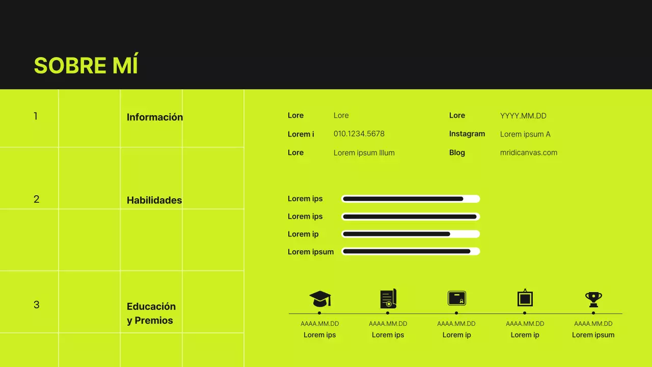 Portafolio de diseñador con concepto de cuadrícula en verde lima y negro