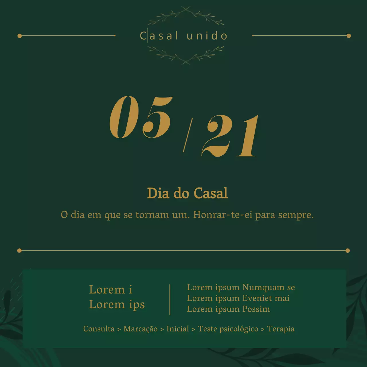 Evento e promoção da Clínica de Aconselhamento para Casais de Celebração do Dia dos Casais Green and Gold (Quadrados das redes sociais)