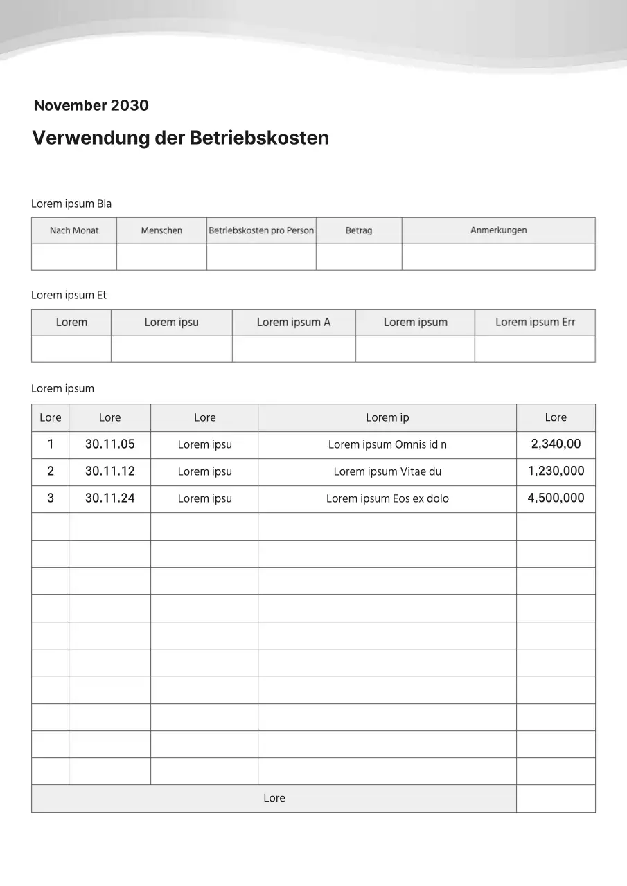 Saubere, einfache, in Grautönen gehaltene Dokumentation der Betriebskosten