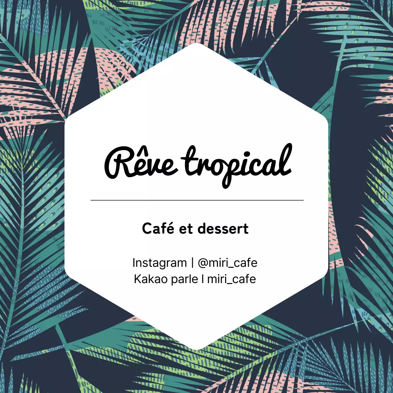 Étiquette promotionnelle pour cartes de visite de cafés, vertes et roses, à motifs tropicaux